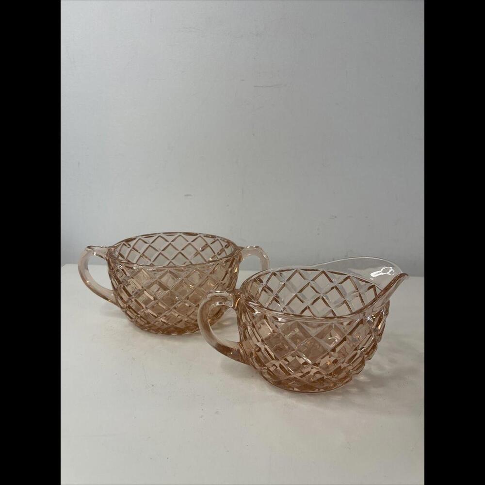 Vintage Anchor Hocking Waterford Pink Double Handle Open Sugar Bowl And Milk Pit